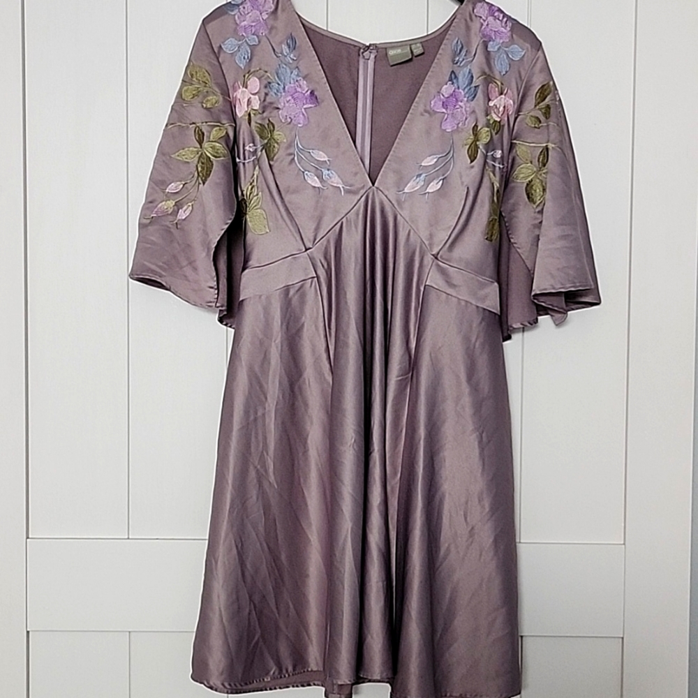 ASOS Mauve Satin Dress with Multicolor Floral Embroidery